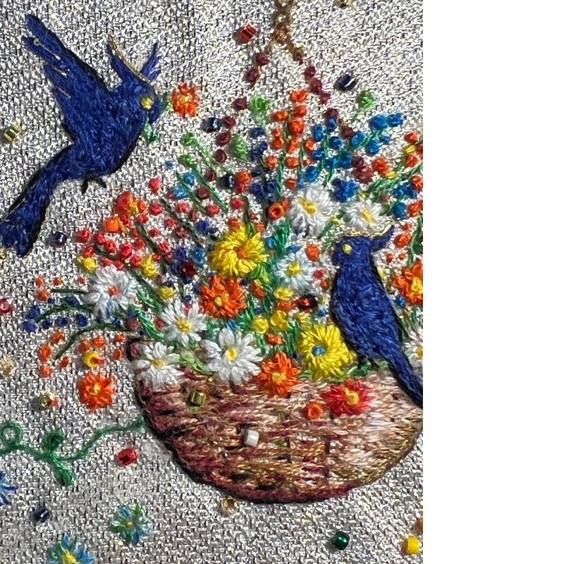 てるこねこ － 016 刺繍アート 青い鳥の花籠 | 【 Handmade BOX 】 
